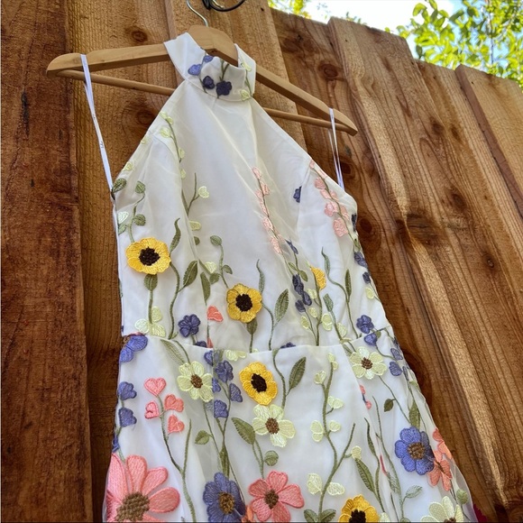 Ivory 3D Colorful Floral Embroidered Halter Midi Dress πΏ - Picture 3 of 13